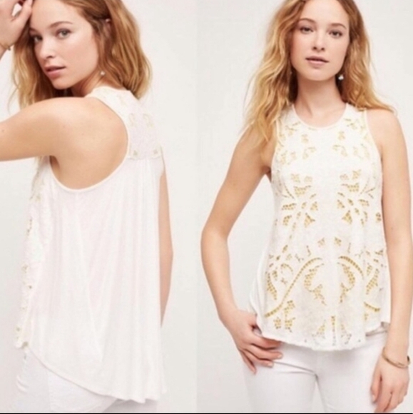 𝅺ANTHROPOLOGIE Akemi + Kin Lace Tank Top Cami Yellow White Size Small - Picture 1 of 8